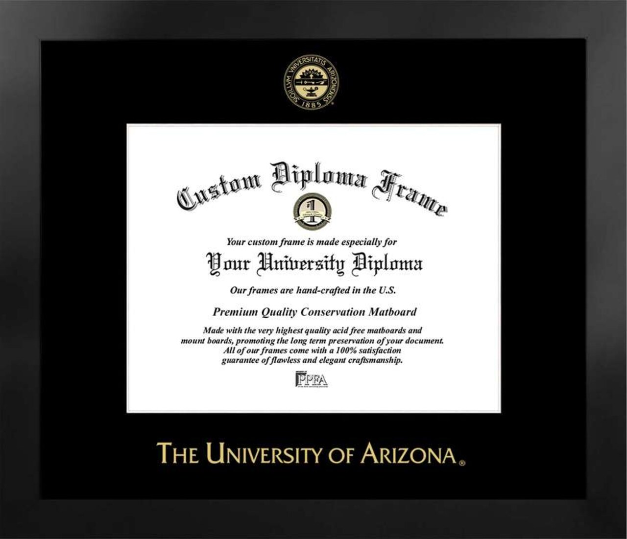 University of Arizona 11w x 8.5h Manhattan Black Single Mat Gold Embossed Diploma Frame with Bonus Campus Images Lithograph (value savings at $59)